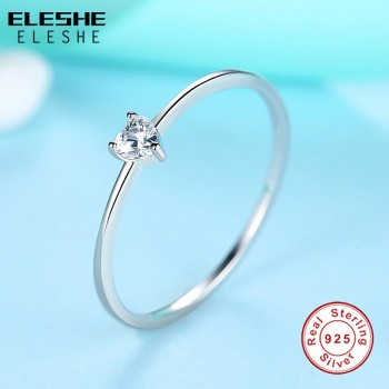 ELESHE Authentic 925 Sterling Silver Finger Ring Crystal Simple Heart Wedding Rings for Women Engagement Original Silver Jewelry