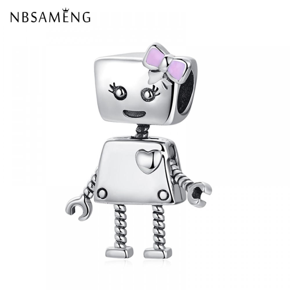 NBSAMENG 925 Sterling Silver Bead Pink Enamel Power Love Heart Robot Pendant Charm Fit Original Pandora Bracelets DIY Jewelry