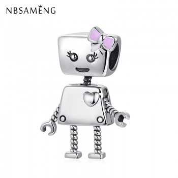 NBSAMENG 925 Sterling Silver Bead Pink Enamel Power Love Heart Robot Pendant Charm Fit Original Pandora Bracelets DIY Jewelry