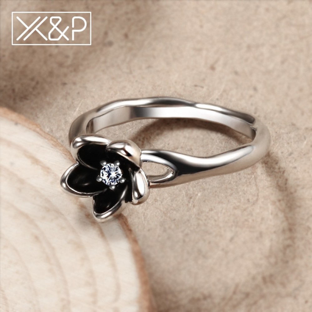 Xamp;P Cute Big Black Flower Crystal Rings for Women Lady Female Wedding Fashion Vintage Silver Cubic Zirconia Women Ring Jewelry