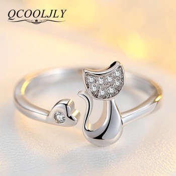 QCOOLJLY Rose Gold Color Cat Shape Wedding Engagement Adjustable Ring for Women CZ Jewelry Gift for Girl Party
