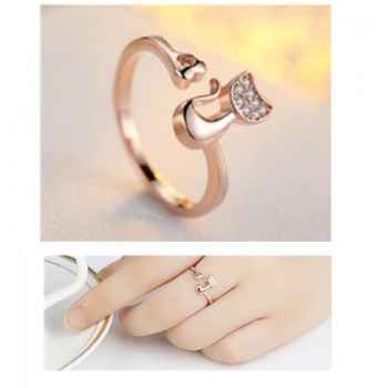 QCOOLJLY Rose Gold Color Cat Shape Wedding Engagement Adjustable Ring for Women CZ Jewelry Gift for Girl Party