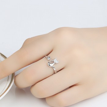 QCOOLJLY Rose Gold Color Cat Shape Wedding Engagement Adjustable Ring for Women CZ Jewelry Gift for Girl Party
