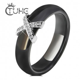 Fashion Jewelry Women Ring With AAA Crystal 6/8 mm X Cross Ceramic Rings For Women Men Plus Big Size 10 11 12 Wedding Ring Gift