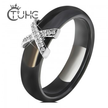 Fashion Jewelry Women Ring With AAA Crystal 6/8 mm X Cross Ceramic Rings For Women Men Plus Big Size 10 11 12 Wedding Ring Gift