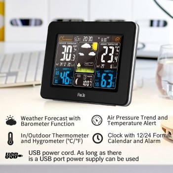 FanJu FJ3365 Weather Station Wireless Indoor Outdoor Sensor Thermometer Hygrometer Digital Alarm Clock Barometer Forecast Color