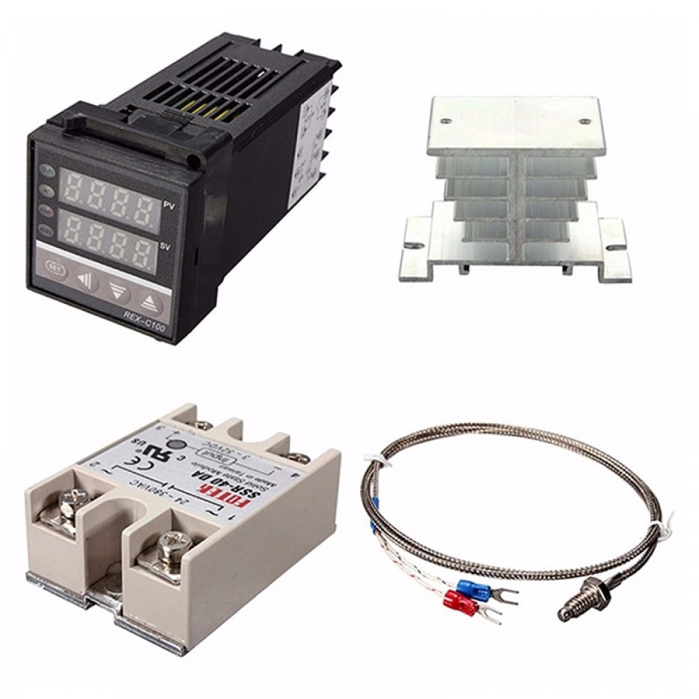 JFBL Hot Digital 220V PID REX-C100 Temperature Controller + max.40A SSR + K Thermocouple, PID Controller Set + Heat Sink
