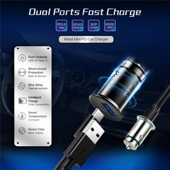 ROCK PD3.0 QC 4.0 Dual USB Car Charger Quick Charge Metal Mini SCP VOOC 4 in 1 Car-Charger 2 Port 30W for iPhone Samsung Xiaomi