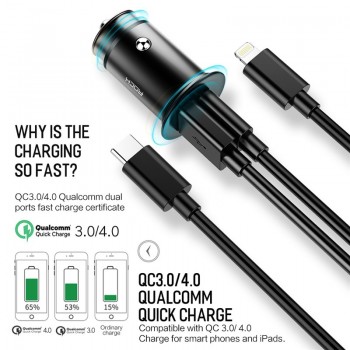 ROCK PD3.0 QC 4.0 Dual USB Car Charger Quick Charge Metal Mini SCP VOOC 4 in 1 Car-Charger 2 Port 30W for iPhone Samsung Xiaomi
