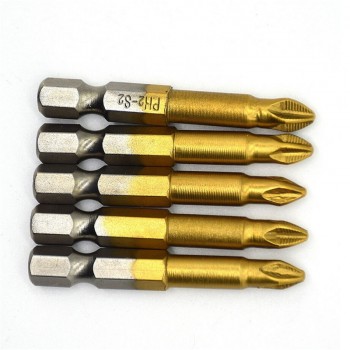 5pcs/set Anti Slip Electric Screwdriver Bits 1/4 Hex Shank Titanium Coated Screwdriver Bits PH2 50mm