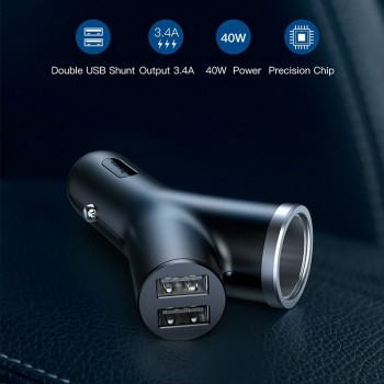 Baseus 3 in 1 Car Charger for iPhone Mobile Phone Charger Dual USB + Cigarette Lighter for 3 Devices 3.4A Fast Car Phone Charger