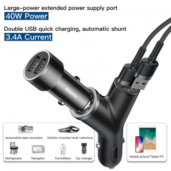Baseus 3 in 1 Car Charger for iPhone Mobile Phone Charger Dual USB + Cigarette Lighter for 3 Devices 3.4A Fast Car Phone Charger