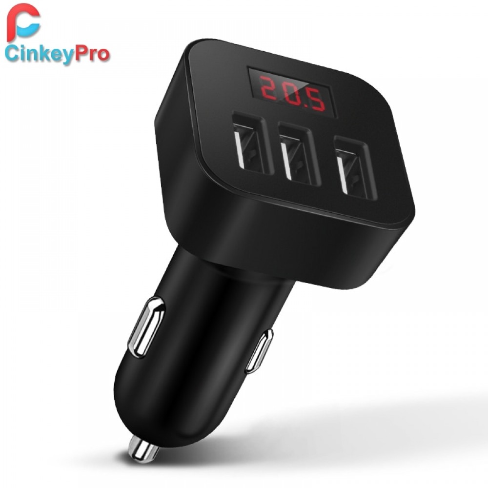 CinkeyPro LED Screen 3-Port USB Car Charger For iPhone Samsung Smart Car-Charger 5V/2.1A Charging Mobile Phone Adapter