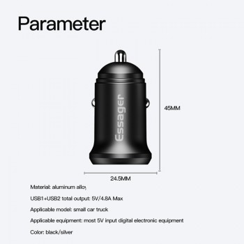 Essager Car USB Charger Led For iPhone Xiaomi Samsung Huawei Lighter Fast Car Charger For Mobile Phone Dual USB Car Charger 4.8A