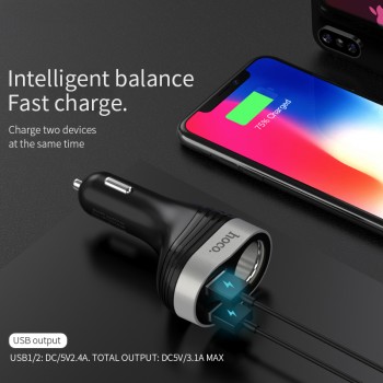 Hoco 5V3.1A 96W Dual USB Car Charger With one Car Lighter Slot digital Display Charging Voltage Current For iphone X XS Samsung
