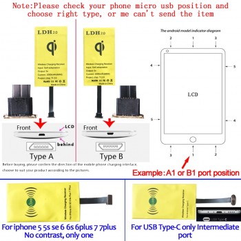 LDH Qi Wireless Charger Receiver For iPhone 7 6 6s 5Plus Wireless Charging Micro Type C Adapter For Samsung Xiaomi Android Phone