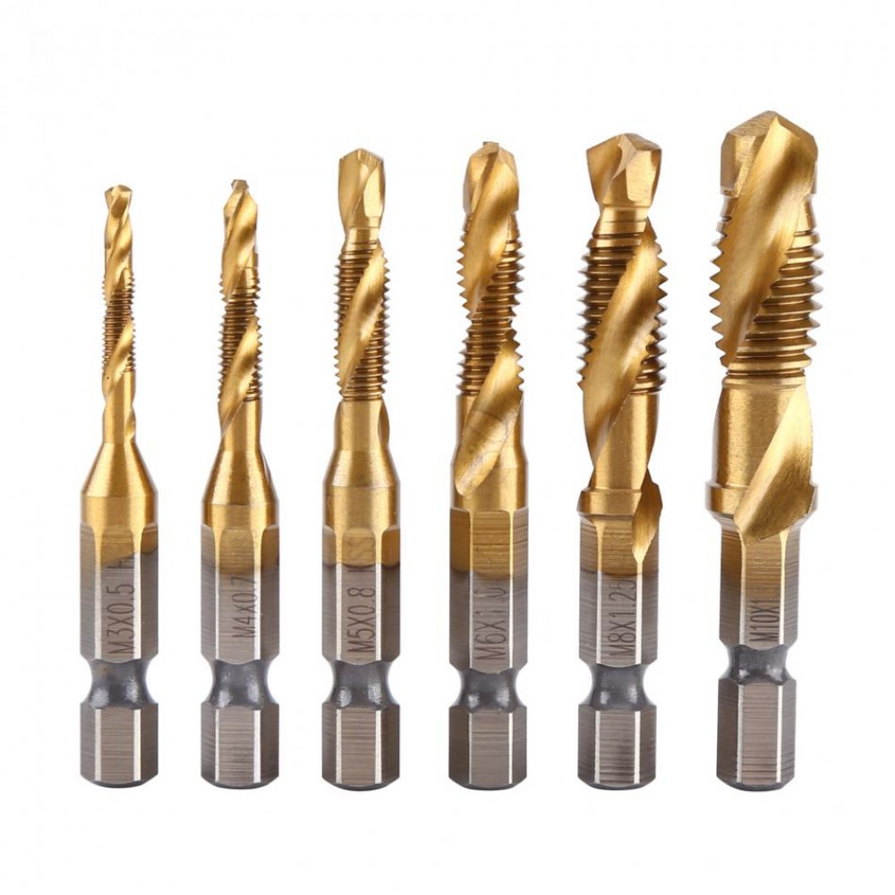 WALFRONT 6pcs/Lot Twist Drill Bit Set 1/4 inch Hex Shank M3-M10 Titanium Coated HSS Drilling Tap Bits Thread Screw Tapping Tools