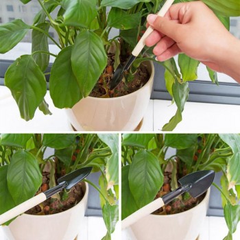 3 pcs Mini Garden Tool Set Bonsai Tools Set Garden Shovel Rake Wooden Handle Planting Tool Metal Head Gardener