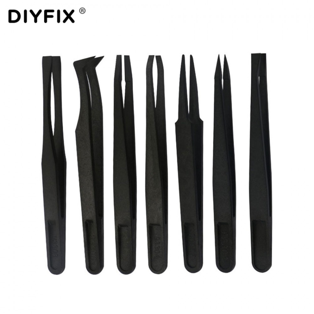DIYFIX 7 in 1 Black ESD Tweezers Set Anti Static Plastic Electronic Tweezers Forceps