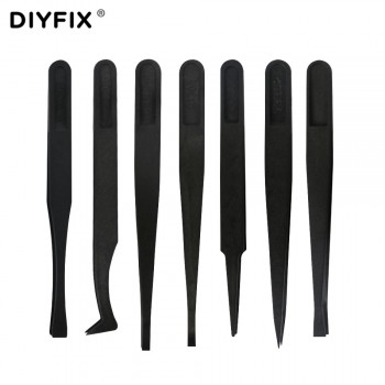 DIYFIX 7 in 1 Black ESD Tweezers Set Anti Static Plastic Electronic Tweezers Forceps
