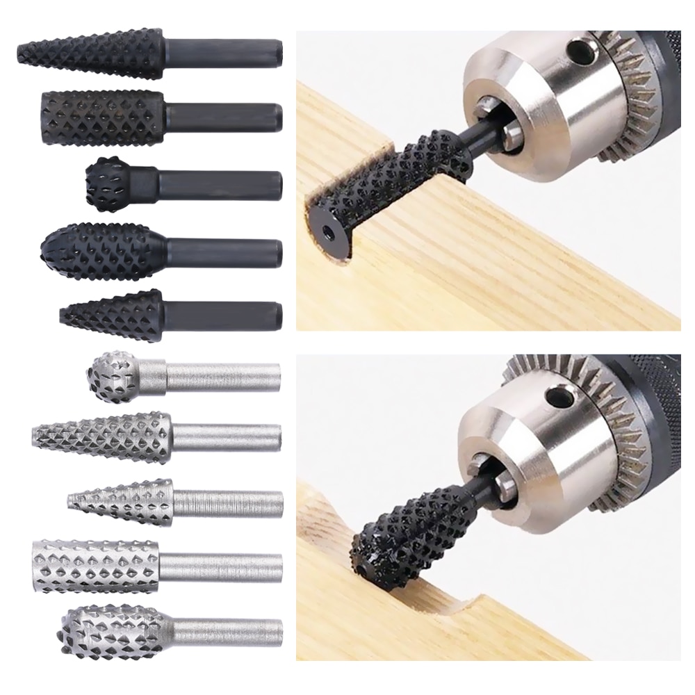 5pcs Steel Rotary Rasp File 1/4 Shank Rotary Craft Files Rasp Burrs Wood Bits Grinding Power Woodworking Hand Tool