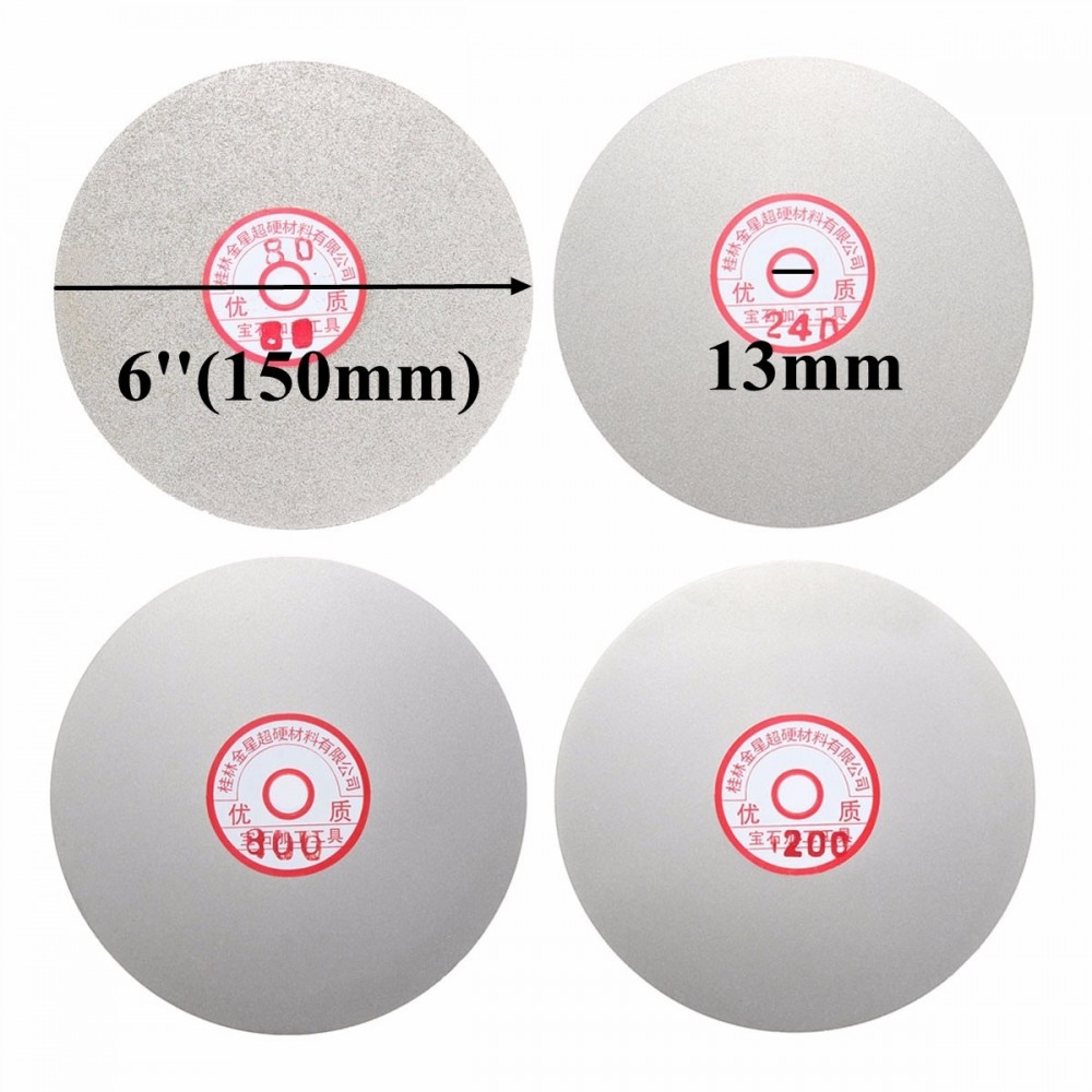 4pcs 6 Inch Diamond Coated Flat Lap Wheel 150mm 80/240/800/120 Grit Grinding Polishing Wheel Kit Disc Jewelry Glass