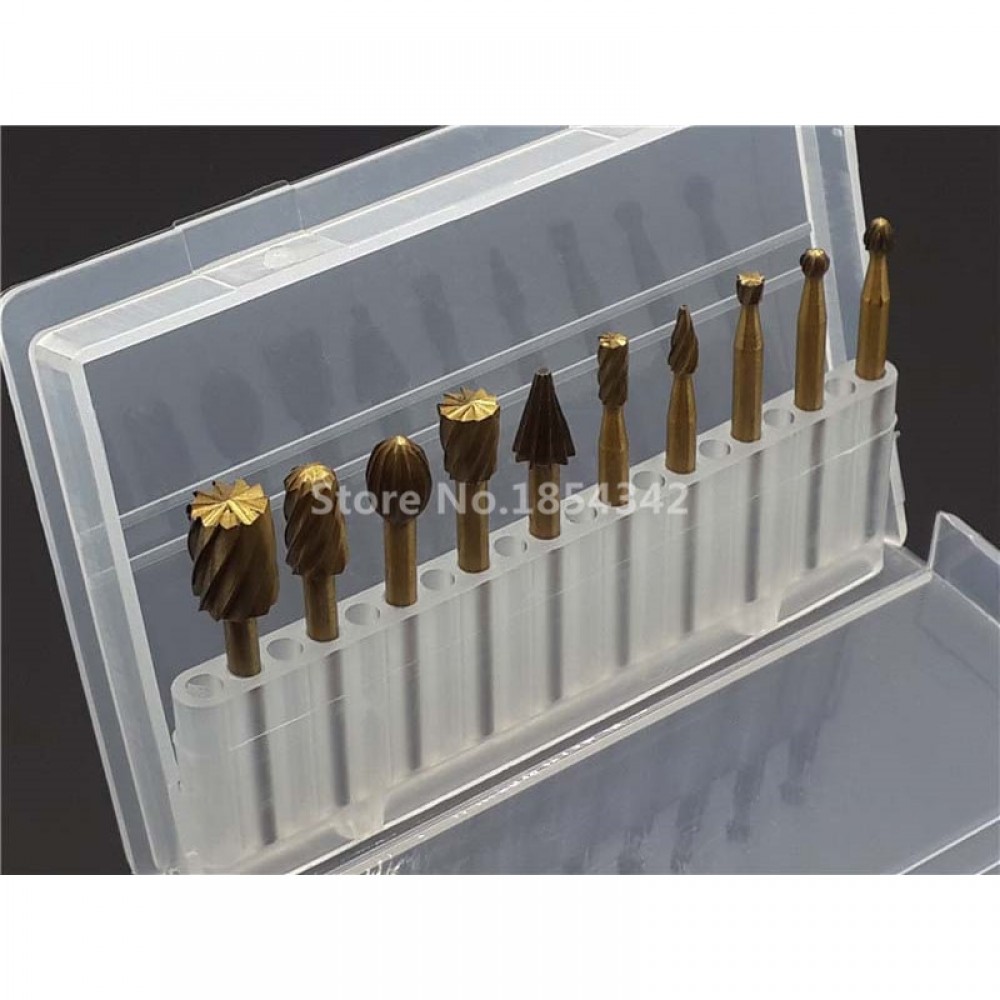 10pcs Set BOX HSS Titanium Dremel Routing Rotary Milling Rotary File Cutter Wood Carving Carved Knife Cutter Tools Accessories