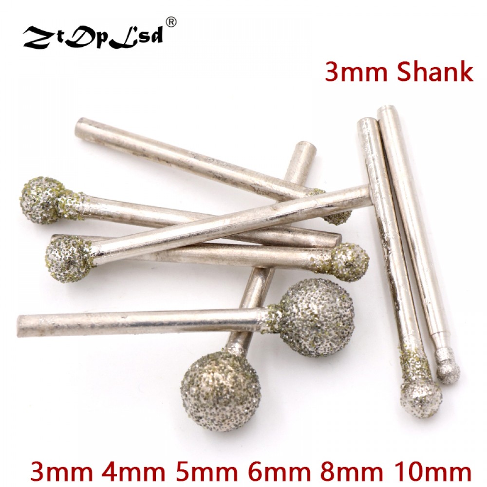 1X 3mm Shank Grit 60 Spherical Diamond Polishing Grinding Head Mounted Points Bit Dremel Rotary Needle Round Wheel Granite Burs