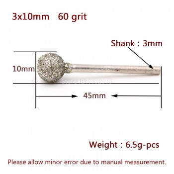 1X 3mm Shank Grit 60 Spherical Diamond Polishing Grinding Head Mounted Points Bit Dremel Rotary Needle Round Wheel Granite Burs