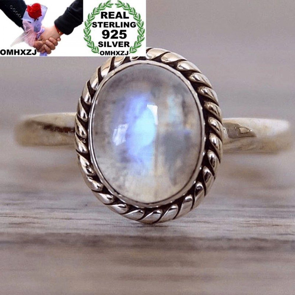 OMHXZJ Wholesale European Fashion Woman Man Party Wedding Gift Silver White Round Moonstone Taiyin Ring RR317