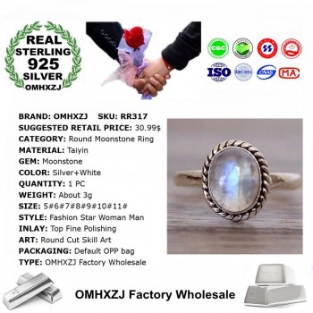 OMHXZJ Wholesale European Fashion Woman Man Party Wedding Gift Silver White Round Moonstone Taiyin Ring RR317