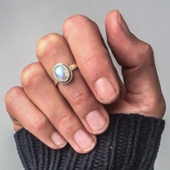 OMHXZJ Wholesale European Fashion Woman Man Party Wedding Gift Silver White Round Moonstone Taiyin Ring RR317