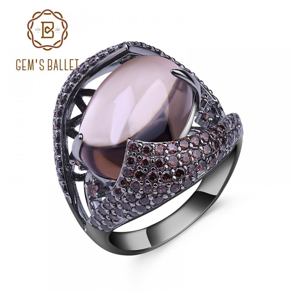 GEMS BALLET Natural Smoky Quartz Gemstone Cocktail Ring 925 Sterling Sliver Vintage Gothic Rings For Women Gift Party Jewelry