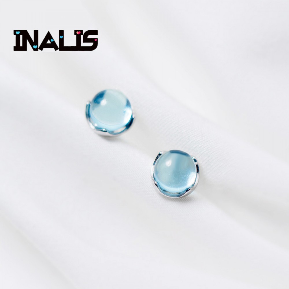 INALIS Wholesale Fashion S925 Sterling Silver Stud Earrings Round Light Blue Crystal Fine Jewelry For Girls Friend Gift Brincos