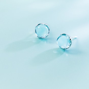 INALIS Wholesale Fashion S925 Sterling Silver Stud Earrings Round Light Blue Crystal Fine Jewelry For Girls Friend Gift Brincos