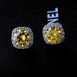 Sterling Silver 925 Stud Earrings for Women Fine Jewelry Citrine Fireworks Cut Square Blue Wedding Engagement Party Gift