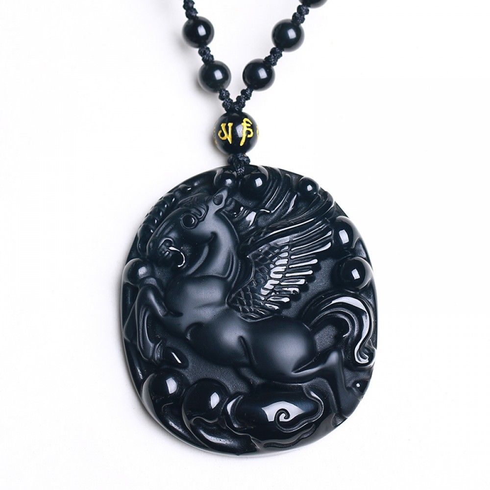 beautiful 50x45mm Chinese Black Natural A Obsidian Carved Horse pendant + Free charm necklace fashion jewelry