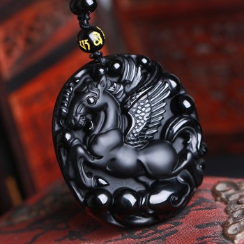 beautiful 50x45mm Chinese Black Natural A Obsidian Carved Horse pendant + Free charm necklace fashion jewelry