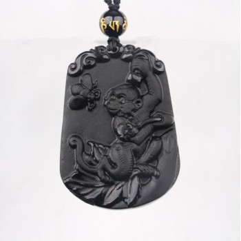 beautiful 50x45mm Chinese Black Natural A Obsidian Carved Horse pendant + Free charm necklace fashion jewelry