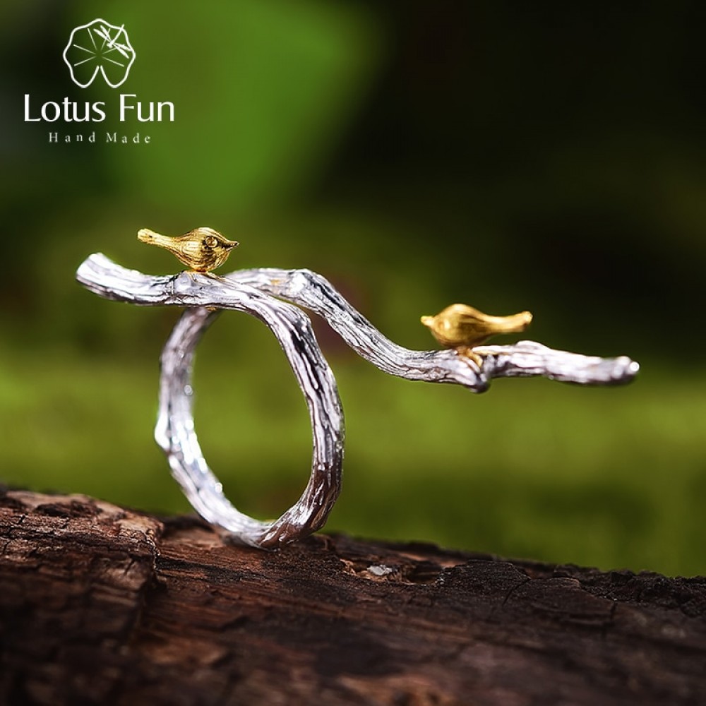 Lotus Fun Real 925 Sterling Silver Natural Original Handmade Fine Jewelry Adjustable Ring Bird on Branch Rings for Women Bijoux