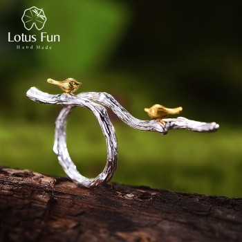 Lotus Fun Real 925 Sterling Silver Natural Original Handmade Fine Jewelry Adjustable Ring Bird on Branch Rings for Women Bijoux