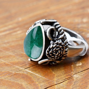 Women Jade Stone Ring Antique Flower Silver Plate Water Drop-shaped Green Gemstone Setting Pick Size Vintage Men Finger Rings