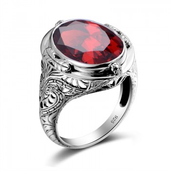 925 Sterling Silver Ring Vintage Carved Flower Created Ruby CZ Aquamarine Precious Stone Men Cocktail Finger Ring Fine Jewelry