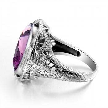 925 Sterling Silver Ring Vintage Carved Flower Created Ruby CZ Aquamarine Precious Stone Men Cocktail Finger Ring Fine Jewelry