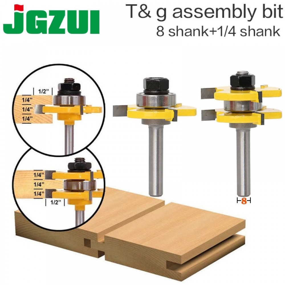 2 pc 8mm Shank high quality Tongue amp; Groove Joint Assembly Router Bit Set 3/4 Stock Wood Cutting Tool - RCT