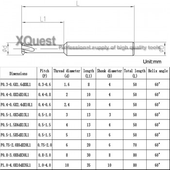XQuest Tin Solid Carbide Thread Milling Cutter Pith 0.3 - 0.6 0.4 - 0.8 0.5 - 1.0  CNC Single Teeth thread Mill Cutters P 0.75 2