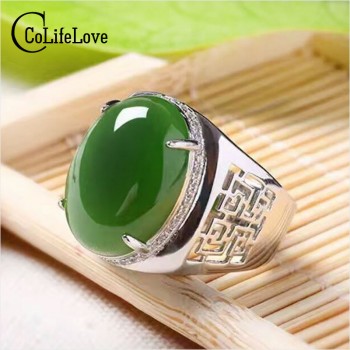 Chinese style green jade mans ring 12*16mm natural jade vintage 925 silver gemstone ring for man Luxurious silver man ring