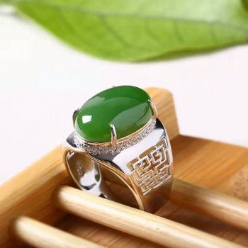 Chinese style green jade mans ring 12*16mm natural jade vintage 925 silver gemstone ring for man Luxurious silver man ring