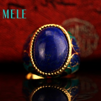 Natural Lapis lazuli 925 silver,Gold-plated rings,Oval cut 13mmX18mm, ancient times style, good quality Fire crack big ring