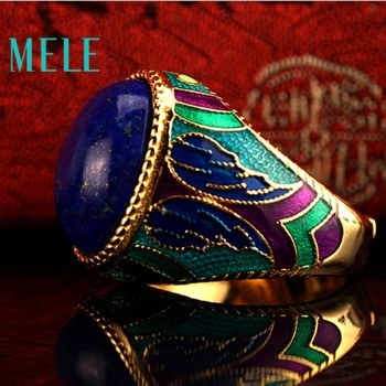 Natural Lapis lazuli 925 silver,Gold-plated rings,Oval cut 13mmX18mm, ancient times style, good quality Fire crack big ring